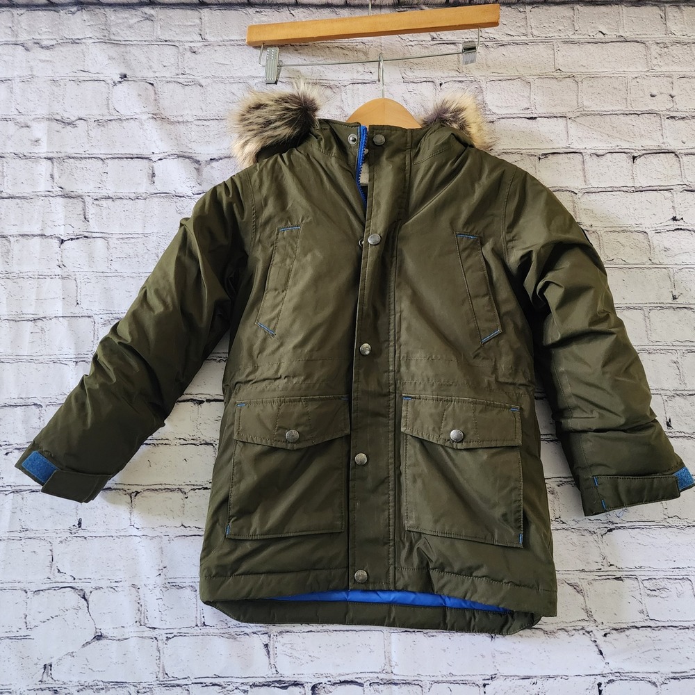 Lands End Kids Size M 5-6 Expedition Down Parka Olive Green Faux Fur Hood